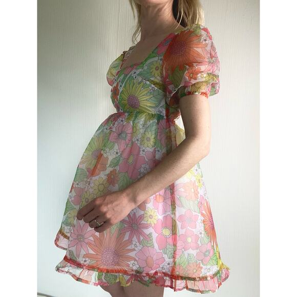 NISSA NEW YORK Sheer Floral Puff Sleeve Babydoll Dress US SMALL - Picture 10 of 14